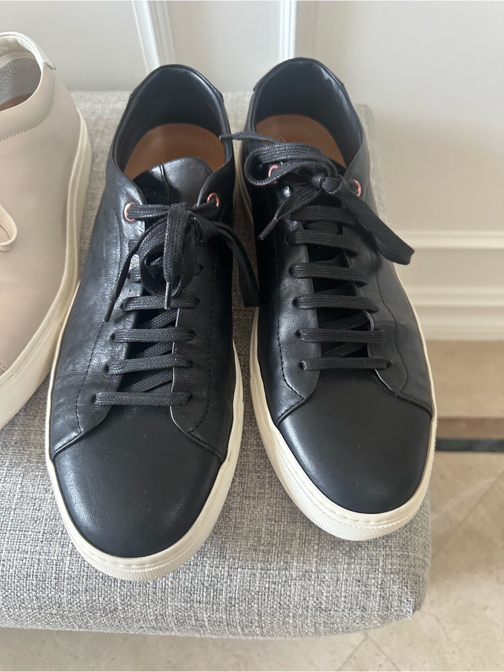 Men's Black Leather Low-Top Sneakers with White Sole
